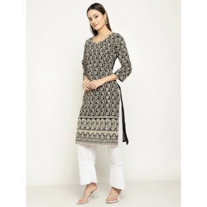 Generic Women's Casual 3/4th Sleeve Chikan Embroidery Cotton Kurti (Black-Beige)