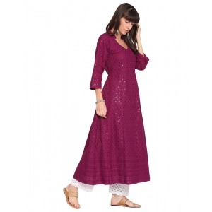 Generic Women's Casual 3/4th Sleeve Chikan Embroidery Cotton Kurti (Majenta)