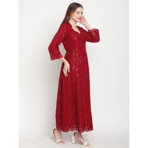 Generic Women's Casual 3/4th Sleeve Embroidered Cotton Kurti (Maroon)