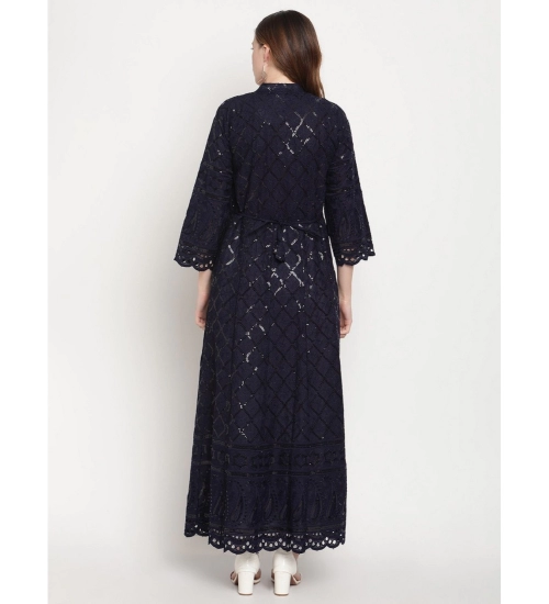 Women's Casual 3/4th Sleeve Embroidered Cotton Kurti (Navy Blue)