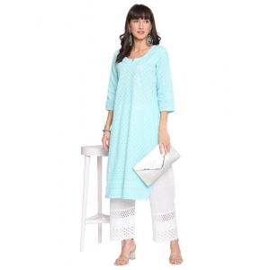 Generic Women's Casual 3/4th Sleeve Chikan Embroidery Cotton Kurti (Sky blue)