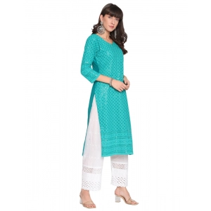 Generic Women's Casual 3/4th Sleeve Chikan Embroidery Cotton Kurti (Blue)