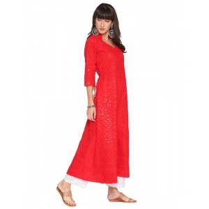 Generic Women's Casual 3/4th Sleeve Chikan Embroidery Cotton Kurti (Red)