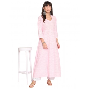 Generic Women's Casual 3/4th Sleeve Chikan Embroidery Cotton Kurti (Pink)