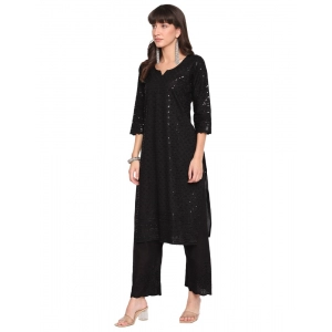 Generic Women's Casual 3/4th Sleeve Chikan Embroidery Cotton Kurti (Black)