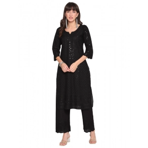 Generic Women's Casual 3/4th Sleeve Chikan Embroidery Cotton Kurti (Black)