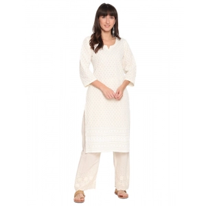 Generic Women's Casual 3/4th Sleeve Chikan Embroidery Cotton Kurti (Cream)