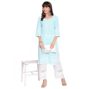 Generic Women's Casual 3/4th Sleeve Chikan Embroidery Cotton Kurti (Blue)