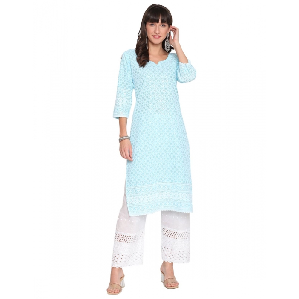 Generic Women's Casual 3/4th Sleeve Chikan Embroidery Cotton Kurti (Blue)