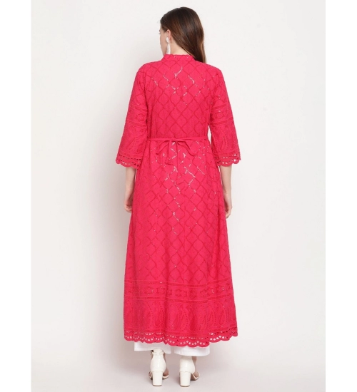 Women's Casual 3/4th Sleeve Embroidered Cotton Kurti (Magenta)