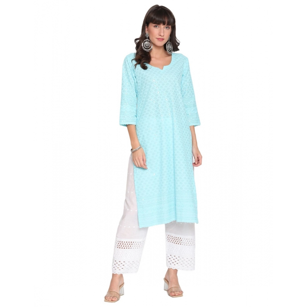 Generic Women's Casual 3/4th Sleeve Chikan Embroidery Cotton Kurti (Sky blue)