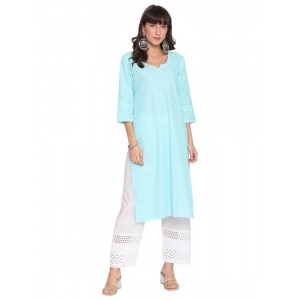 Generic Women's Casual 3/4th Sleeve Chikan Embroidery Cotton Kurti (Sky blue)