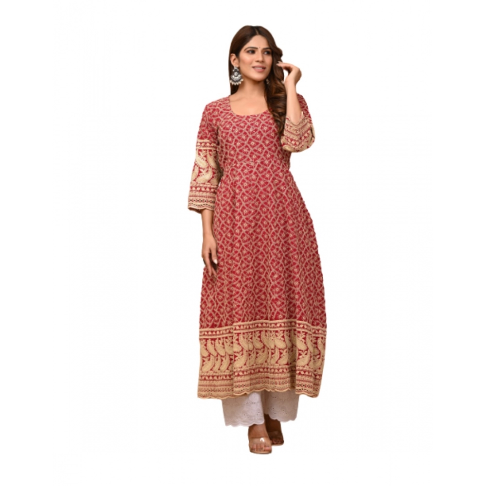 Generic Women's Casual 3/4th Sleeve Embroidered Cotton Kurti Set (Red)