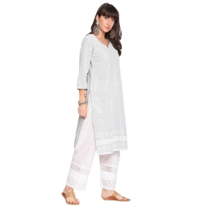Generic Women's Casual 3/4th Sleeve Embroidered Cotton Kurti (Grey)