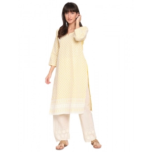 Generic Women's Casual 3/4th Sleeve Chikan Embroidery Cotton Kurti (Yellow)