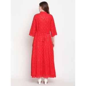 Generic Women's Casual 3/4th Sleeve Embroidered Cotton Kurti (Red)