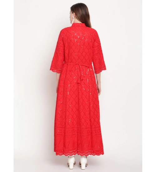 Women's Casual 3/4th Sleeve Embroidered Cotton Kurti (Red)