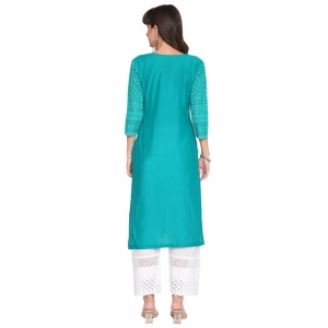 Generic Women's Casual 3/4th Sleeve Chikan Embroidery Cotton Kurti (Blue)