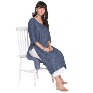 Generic Women's Casual 3/4th Sleeve Chikan Embroidery Cotton Kurti (Blue)