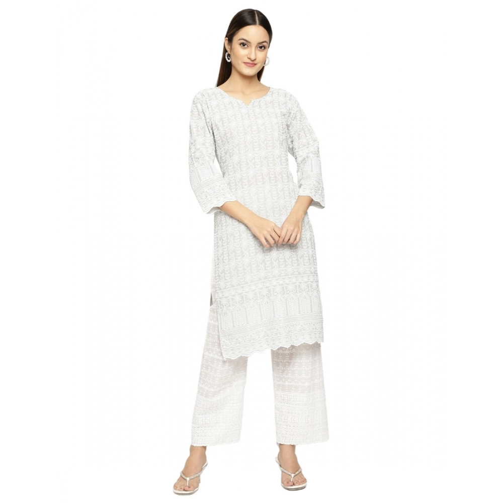 Generic Women's Casual 3/4th Sleeve Printed Cotton Kurti (Light Grey)