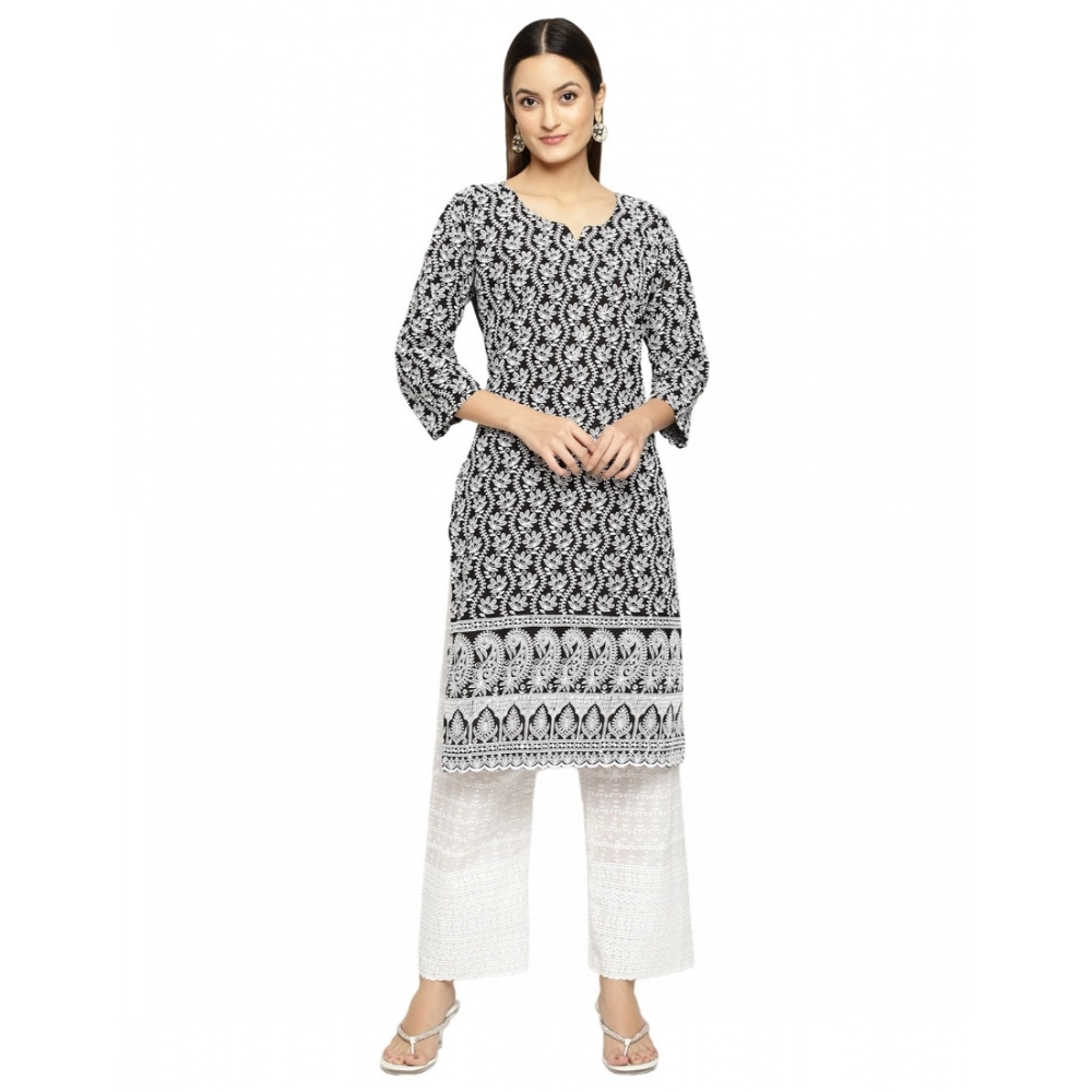 Generic Women's Casual 3/4th Sleeve Printed Cotton Kurti (Black - White)