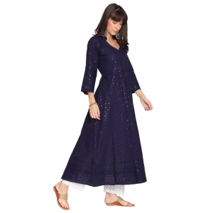 Generic Women's Casual 3/4th Sleeve Chikan Embroidery Cotton Kurti (Navy)