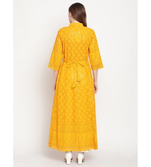 Women's Casual 3/4th Sleeve Embroidered Cotton Kurti (Mustard)