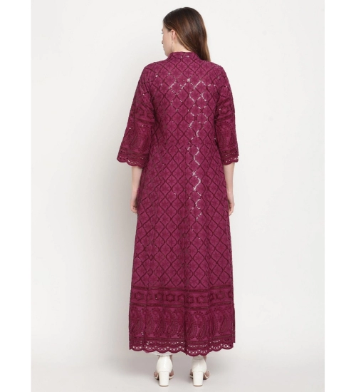 Women's Casual 3/4th Sleeve Embroidered Cotton Kurti (Purple)