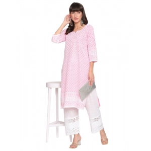 Generic Women's Casual 3/4th Sleeve Embroidered Cotton Kurti (Pink)