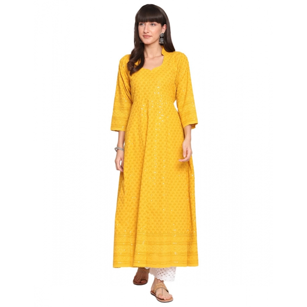 Generic Women's Casual 3/4th Sleeve Chikan Embroidery Cotton Kurti (Yellow)