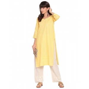 Generic Women's Casual 3/4th Sleeve Chikan Embroidery Cotton Kurti (Yellow)