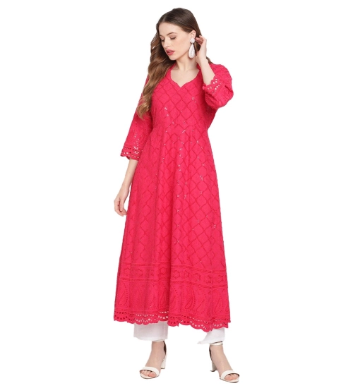 Women's Casual 3/4th Sleeve Embroidered Cotton Kurti (Magenta)
