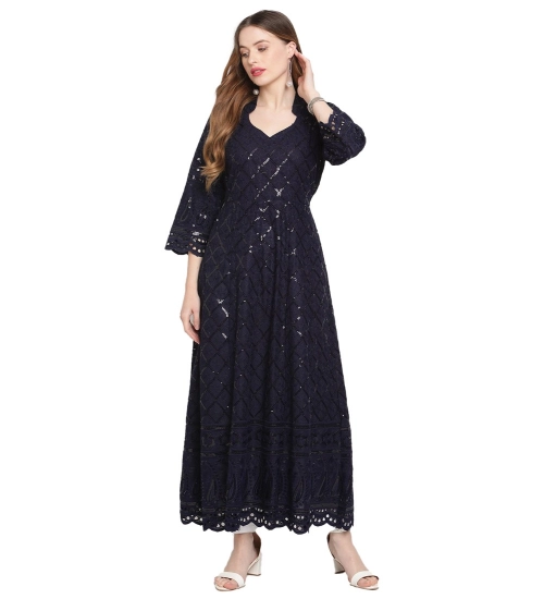 Women's Casual 3/4th Sleeve Embroidered Cotton Kurti (Navy Blue)