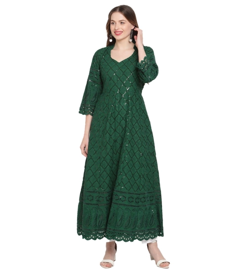 Women's Casual 3/4th Sleeve Embroidered Cotton Kurti (Dark Green)
