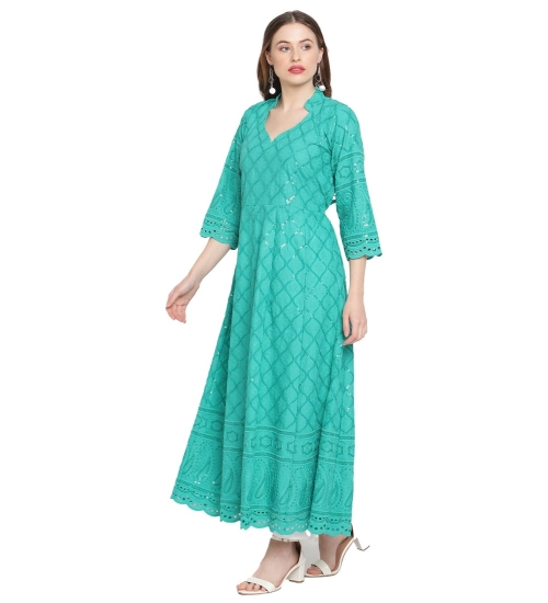 Women's Casual 3/4th Sleeve Embroidered Cotton Kurti (Blue)