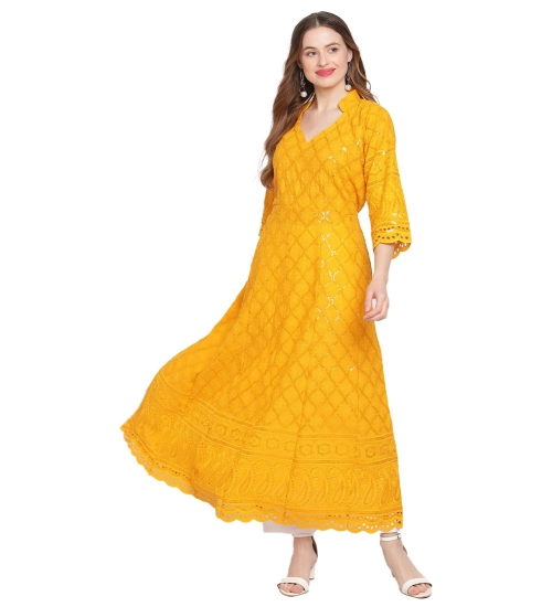Women's Casual 3/4th Sleeve Embroidered Cotton Kurti (Mustard)