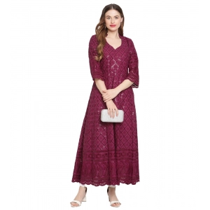 Generic Women's Casual 3/4th Sleeve Embroidered Cotton Kurti (Purple)