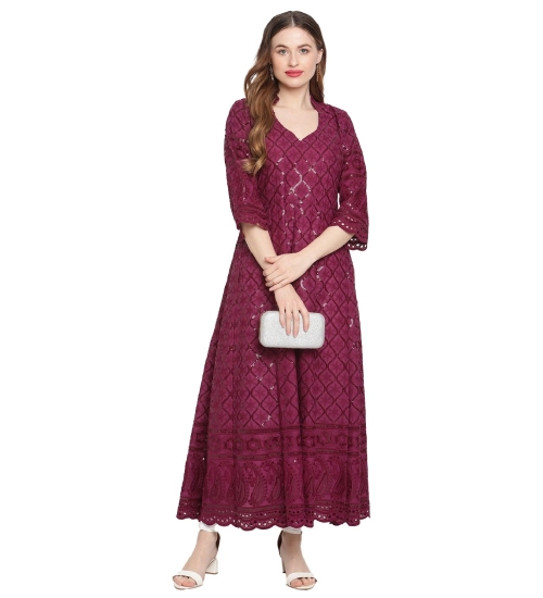 Women's Casual 3/4th Sleeve Embroidered Cotton Kurti (Purple)