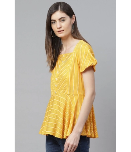 Women's Casual Short Sleeves Stripe Printed Rayon Top (Mustard)