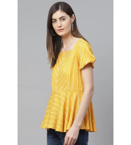 Women's Casual Short Sleeves Stripe Printed Rayon Top (Mustard)