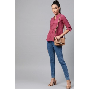 Generic Women's Casual Roll up sleeve Solid Cotton Slub Shirts (Pink)