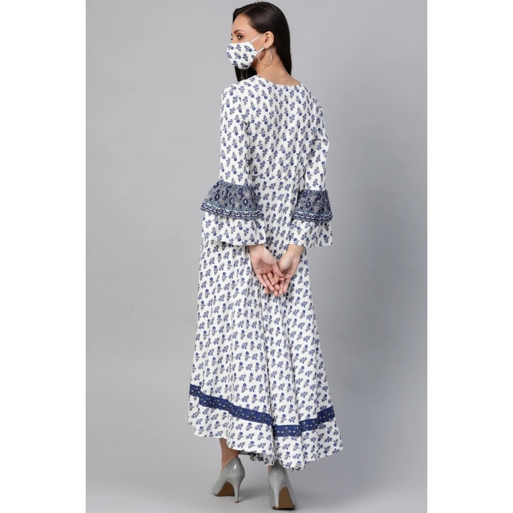 Women's Casual Bell Sleeve Floral Printed Rayon Dress (White &amp; Blue)