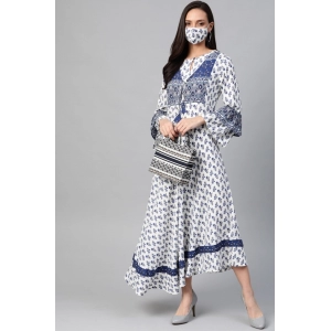 Generic Women's Casual Bell Sleeve Floral Printed Rayon Dress (White & Blue)