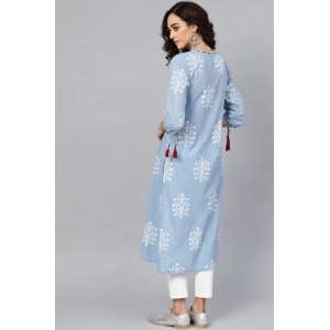 Generic Women's Casual 3/4 th Sleeve Embroidery Cambric Cotton Kurti (Blue)