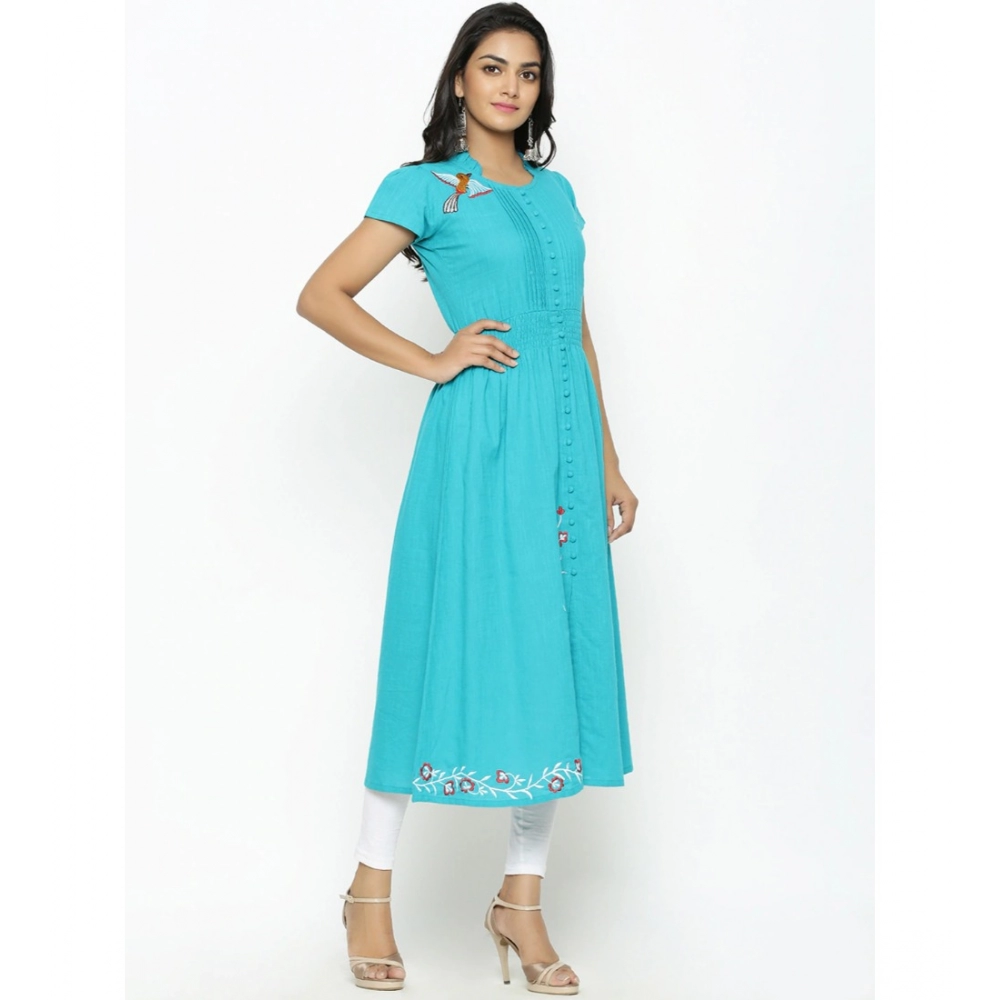 Women's Casual Short Sleeve Embroidery Cotton Slub Kurti (Torque Green) Women's Casual Short Sleeve Embroidery Cotton Slub Kurti (Torque Green)