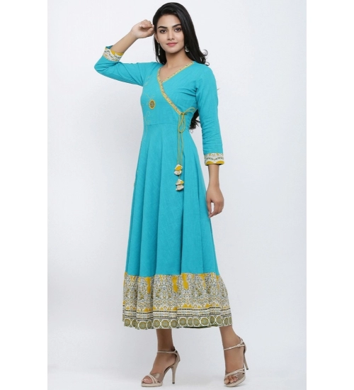 Women's Casual 3/4 th Sleeve Embroidery Cotton Blend Kurti (Torque Green)