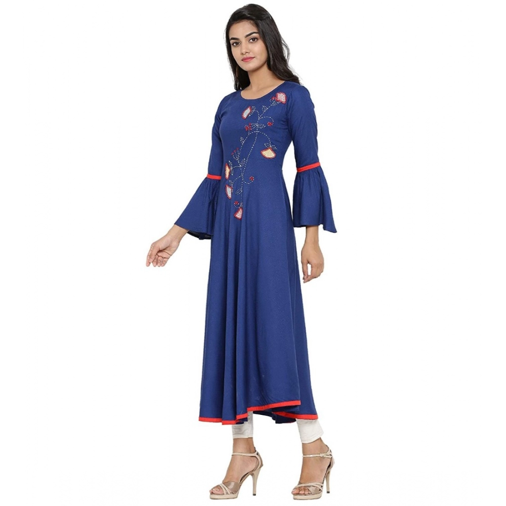Women's Casual Bell Sleeves Embroidery Rayon Kurti (Blue) Women's Casual Bell Sleeves Embroidery Rayon Kurti (Blue)