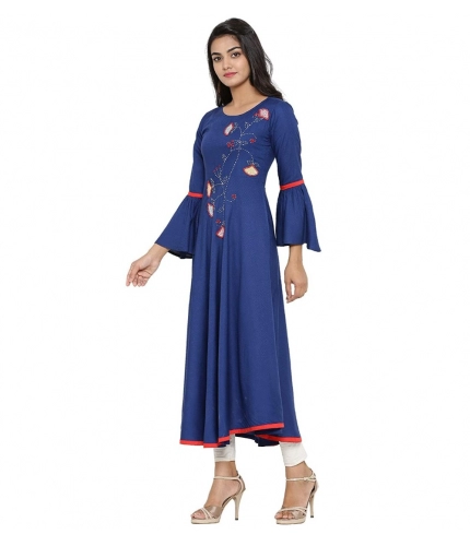 Women's Casual Bell Sleeves Embroidery Rayon Kurti (Blue) Women's Casual Bell Sleeves Embroidery Rayon Kurti (Blue)