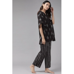Generic Women's Casual Kimono Sleeve Floral Printed Cotton Pyjama Set (Black)