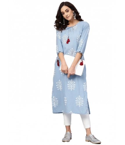 Women's Casual 3/4 th Sleeve Embroidery Cambric Cotton Kurti (Blue)